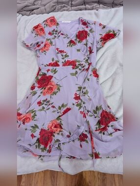 All in Favor Lavender Floral Wrap Dress with Red Rose Print